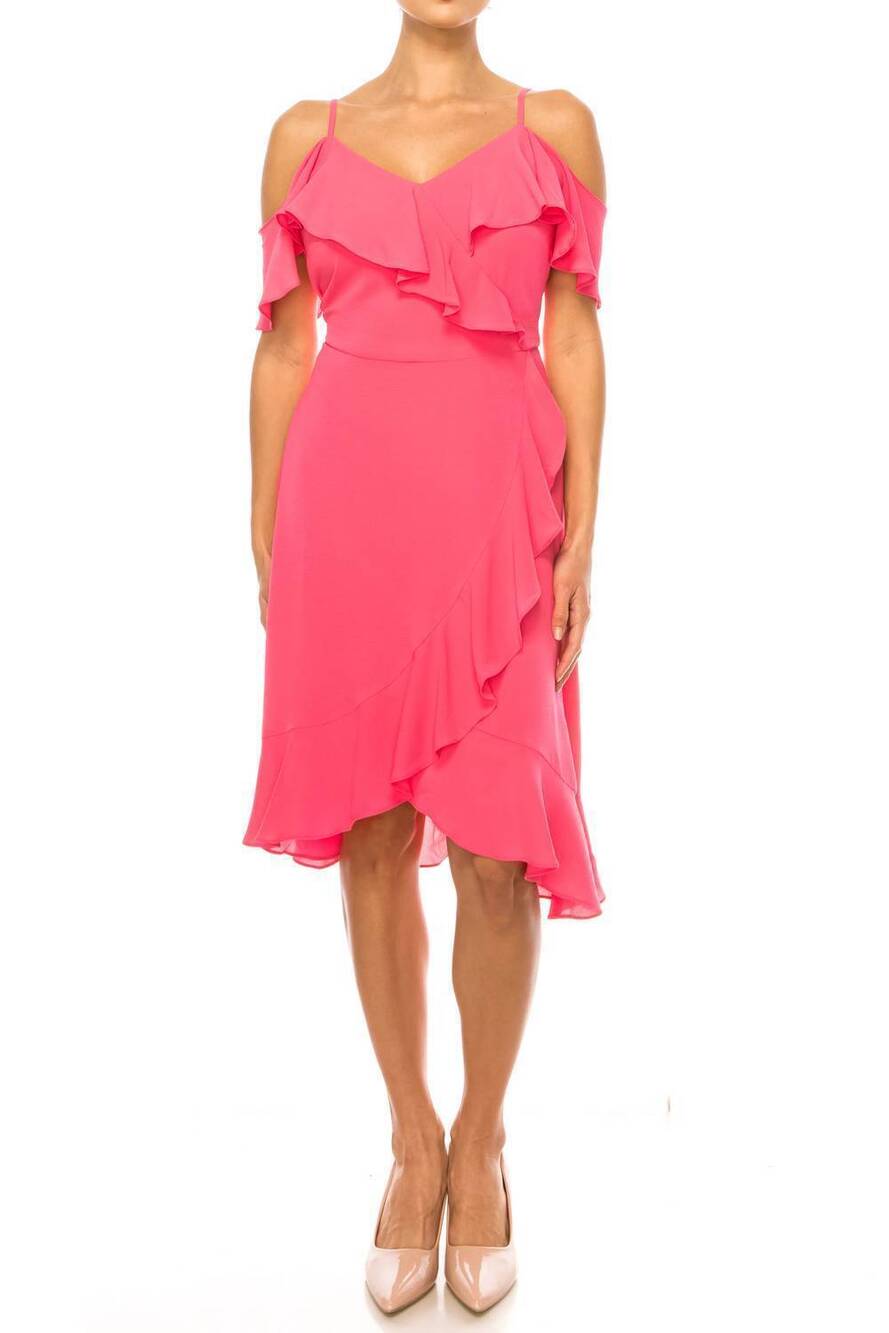 NEW LONDON TIMES off-the-shoulder flutter-detail dress in hot pink